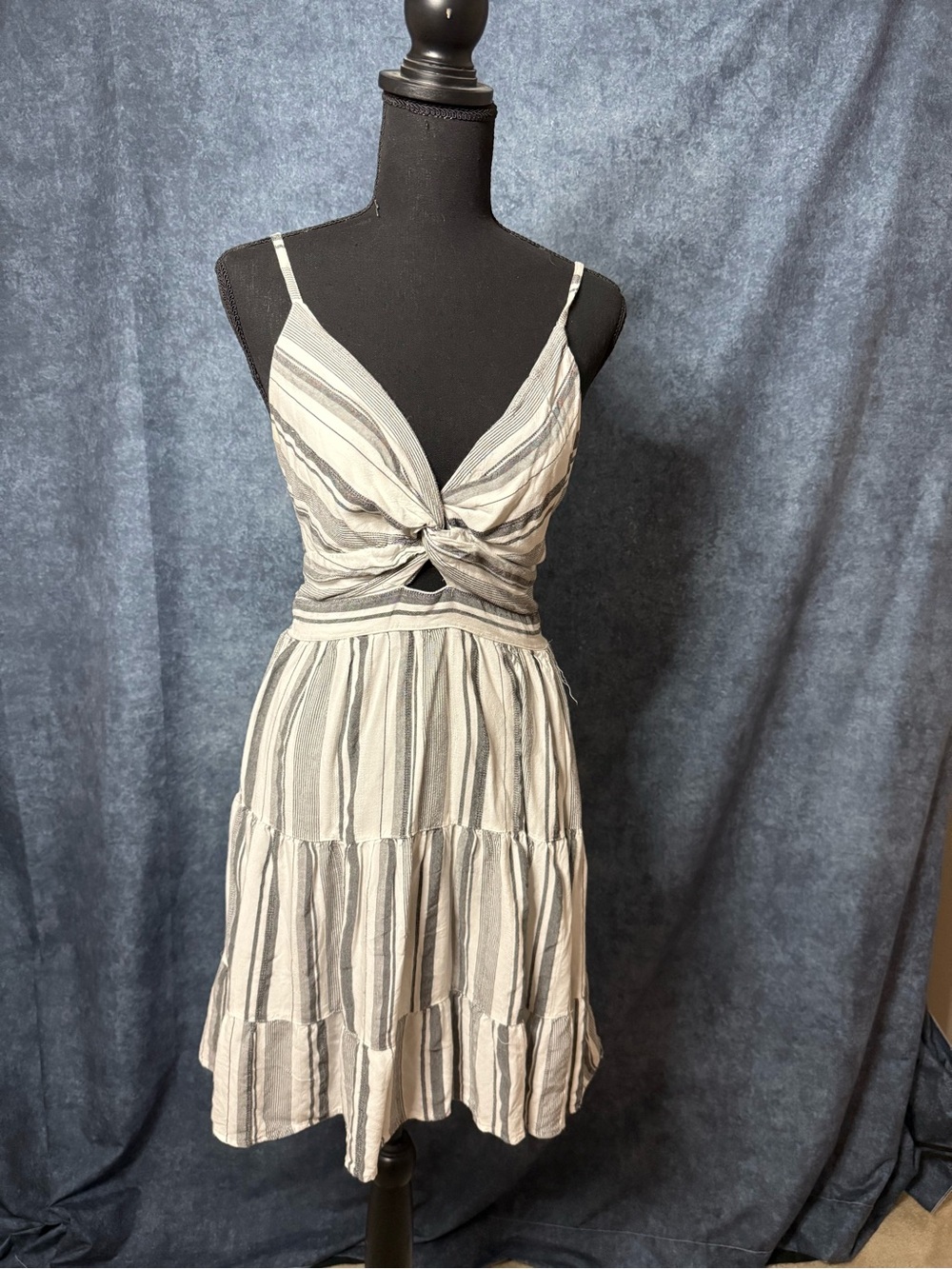 Striped Spaghetti Strap Midi Dress - Cream & Gray